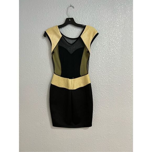 Vintage 90s Black Sheer Mesh Short Sleeve Mini Bodycon Dress Sexy Cocktail S - Picture 2 of 4